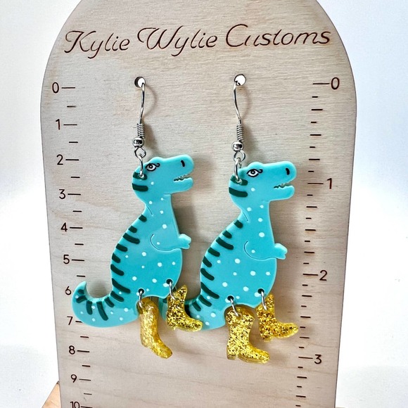 Dinosaurs With Gold Boots Earrings - Dinosaur Earrings - Trending Earrings - Picture 8 of 8